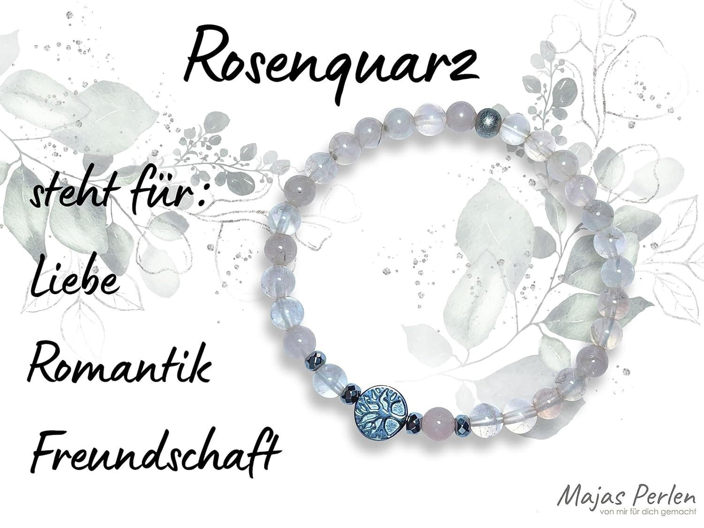 Perlenarmband Rosenquarz echt 6mm Lebensbaum Hämatit Silber - Handmade Perlenarmband Liebe Freundschaft Romantik - unisex