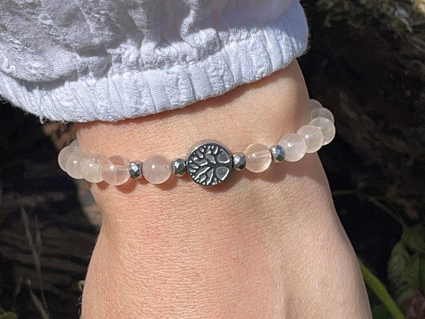 Perlenarmband Rosenquarz echt 6mm Lebensbaum Hämatit Silber - Handmade Perlenarmband Liebe Freundschaft Romantik - unisex