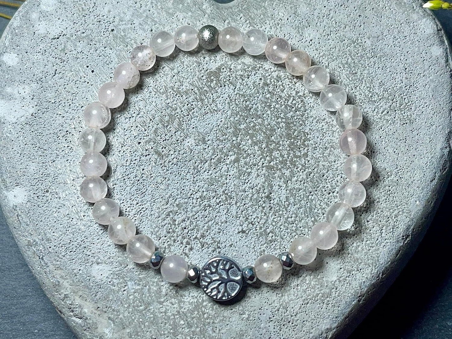Perlenarmband Rosenquarz echt 6mm Lebensbaum Hämatit Silber - Handmade Perlenarmband Liebe Freundschaft Romantik - unisex