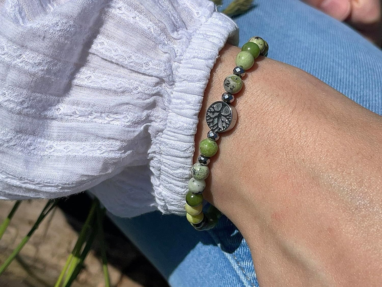 Serpentin Armband Perlen echt 6mm Lebensbaum Hämatit Silber - Handmade Perlenarmband Kreativität Vertrauen Freundschaft - unisex