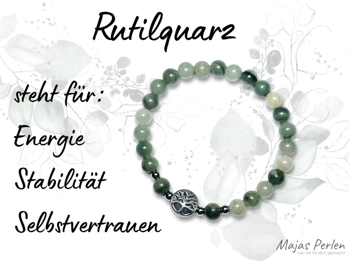Rutilquarz Armband mit Perlen echt 6mm Lebensbaum Edelstahl Silber oder Gold - Handmade Perlenarmband Energie Stabilität Selbstvertrauen