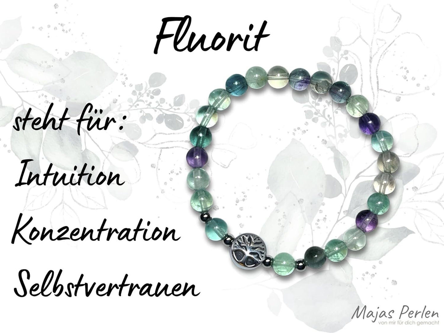 Fluorit Armband mit Perlen echt 6mm Lebensbaum Edelstahl Silber oder Gold - Handmade Perlenarmband Intuition Konzentration Lebensfreude