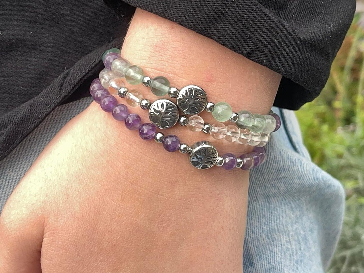 Fluorit Armband mit Perlen echt 6mm Lebensbaum Edelstahl Silber oder Gold - Handmade Perlenarmband Intuition Konzentration Lebensfreude