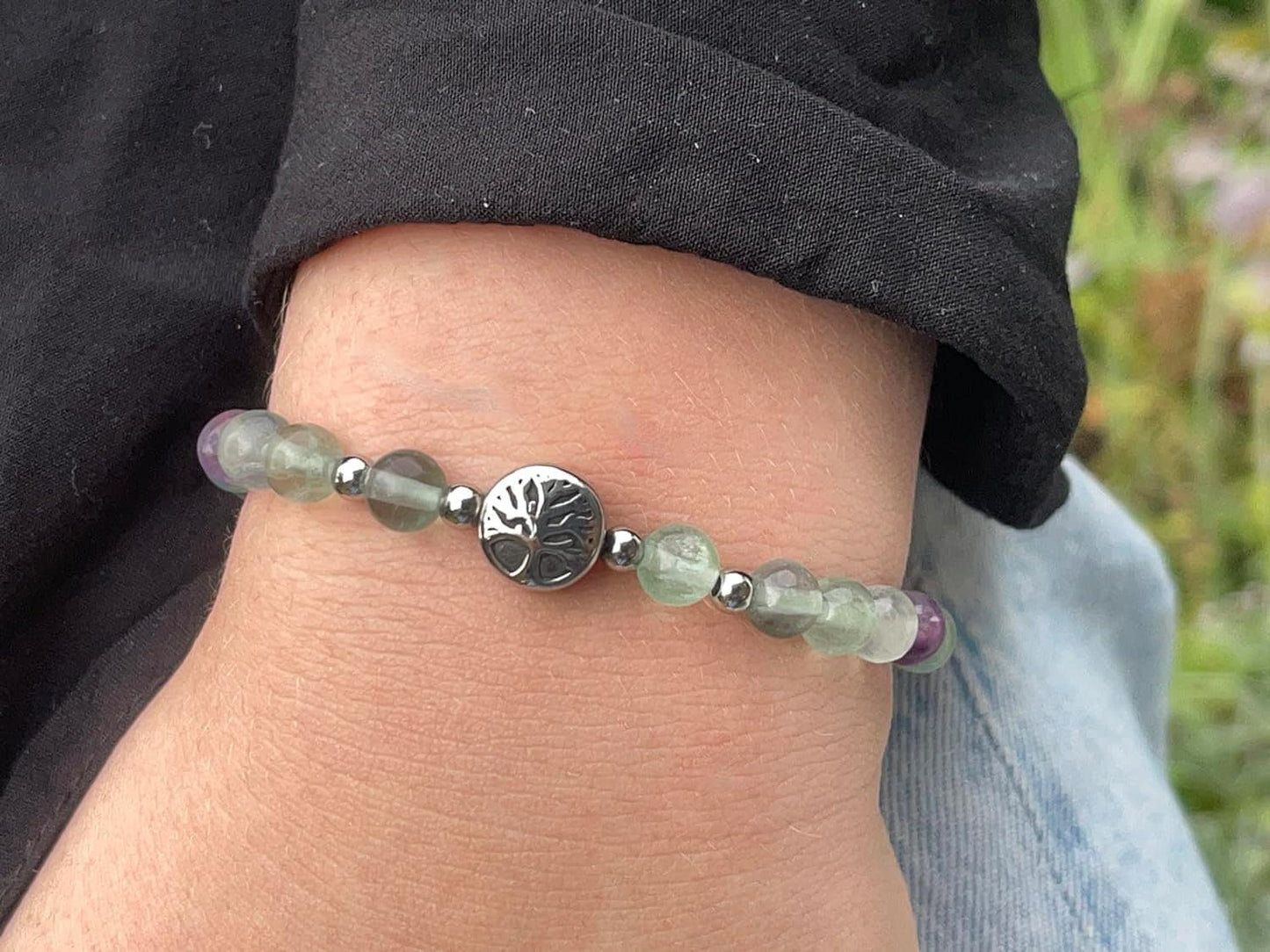 Fluorit Armband mit Perlen echt 6mm Lebensbaum Edelstahl Silber oder Gold - Handmade Perlenarmband Intuition Konzentration Lebensfreude