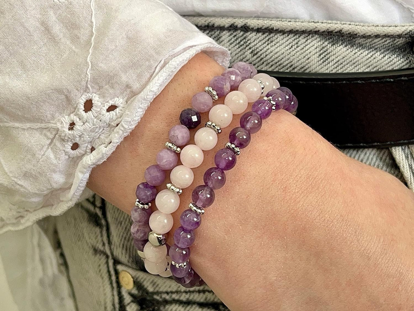 Rosenquarz Armband Perlen echt 6mm Daisyperlen echt Platiniert oder Vergoldet - Handmade Perlenarmband für Liebe Freundschaft und Romantik