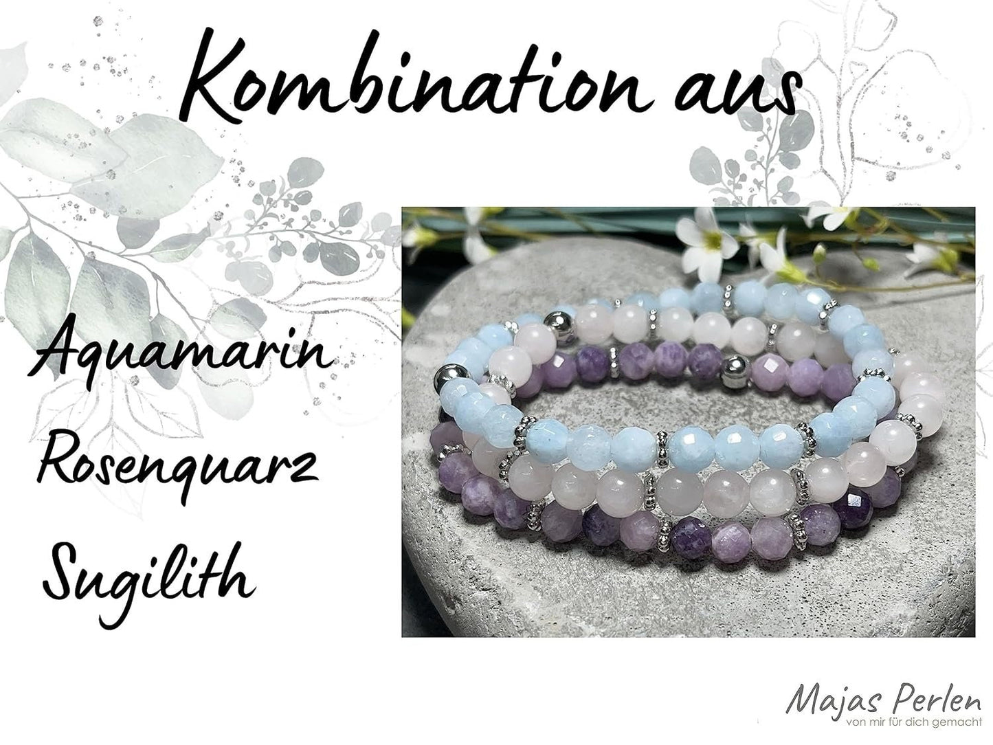 Rosenquarz Armband Perlen echt 6mm Daisyperlen echt Platiniert oder Vergoldet - Handmade Perlenarmband für Liebe Freundschaft und Romantik