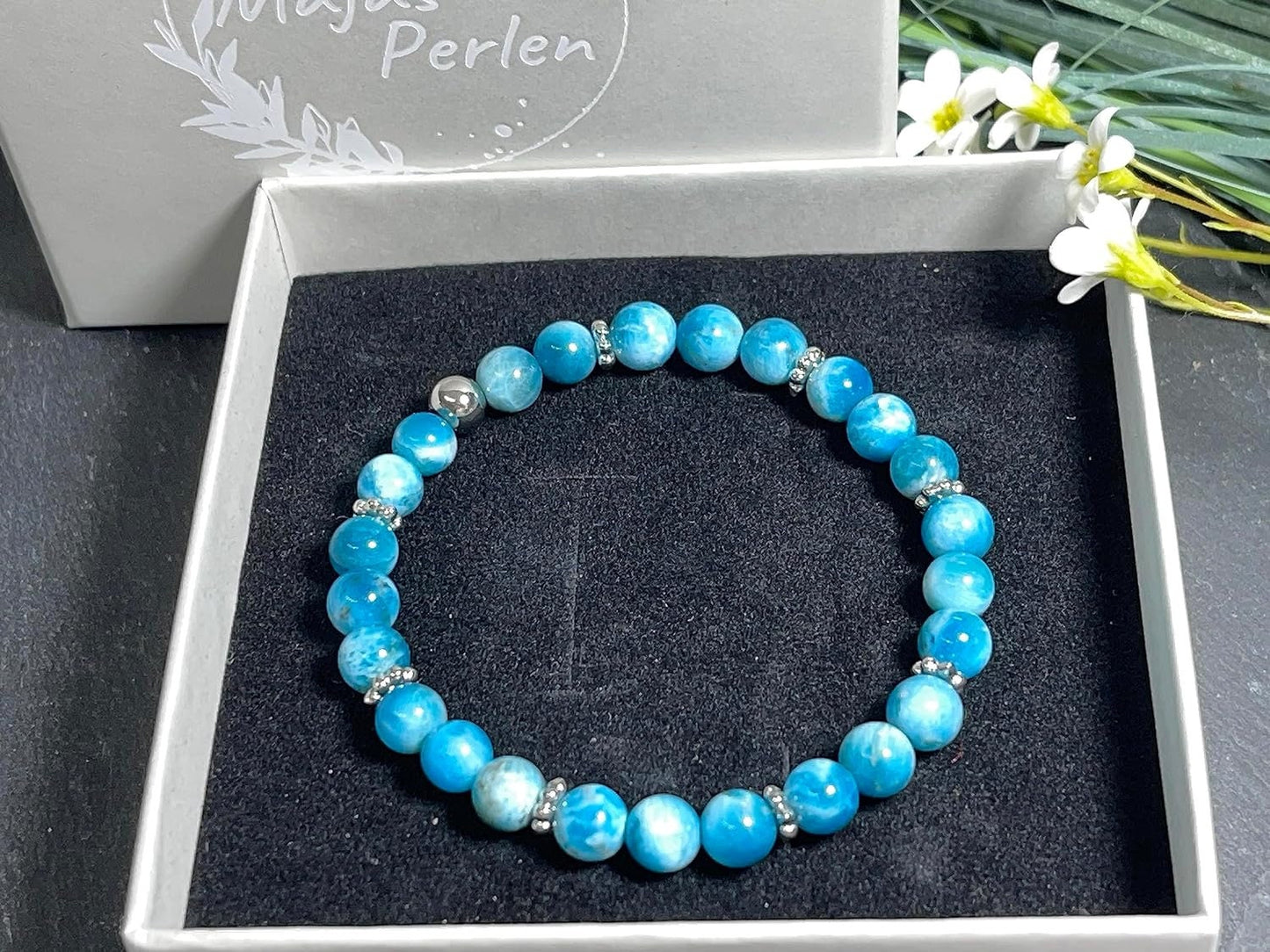 Apatit Armband mit Perlen echt 6mm Daisyperlen echt Platiniert oder Vergoldet - Handmade Perlenarmband Offenheit Lebendigkeit Kontaktfreude