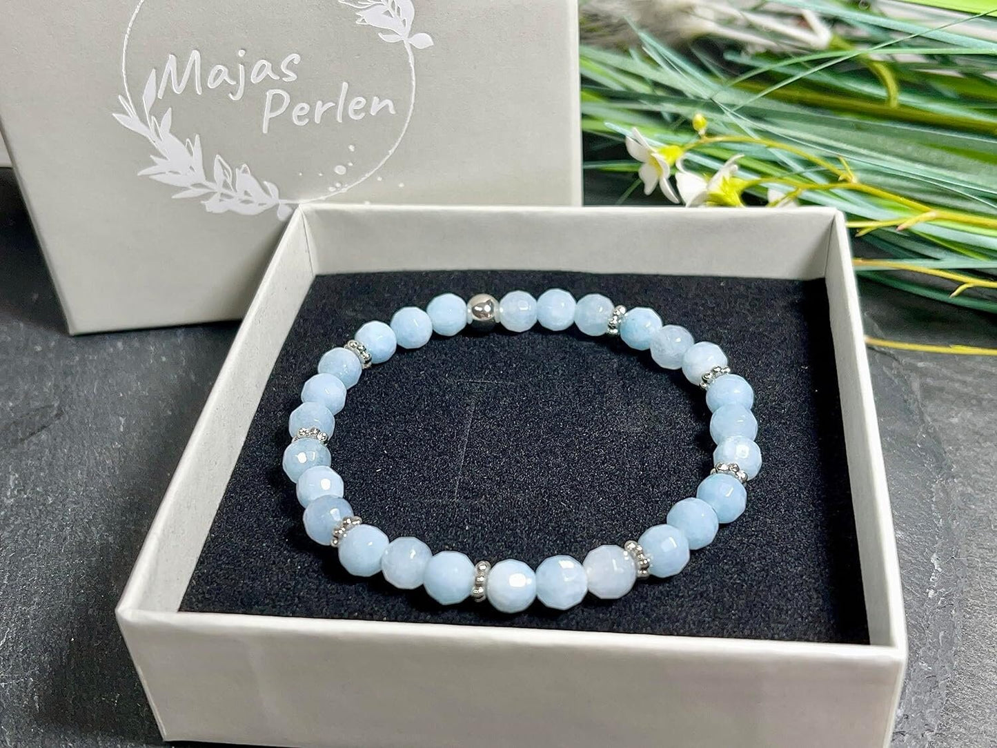 Aquamarin Armband Perlen echt 6mm und Daisyperlen Platiniert oder Vergoldet - Handmade Perlenarmband Selbstbewusstsein Liebe Glück Frieden