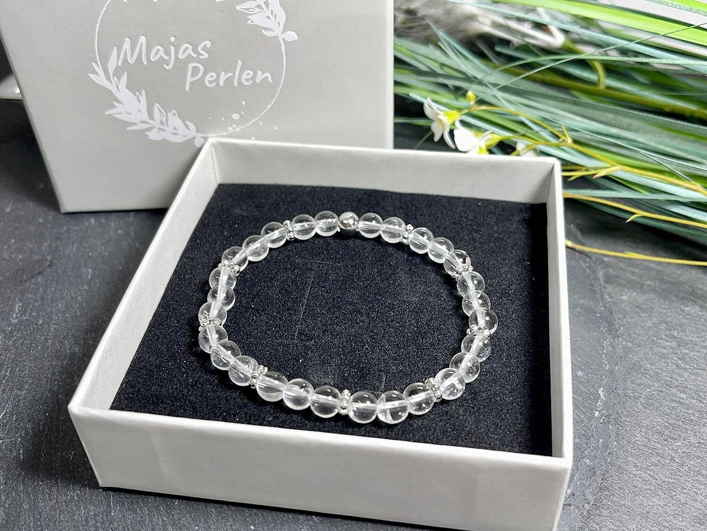 Bergkristall Armband mit Perlen 6mm Daisyperlen echt Platiniert oder Vergoldet - Handmade Perlenarmband für Reinheit Bewusstsein Klarheit