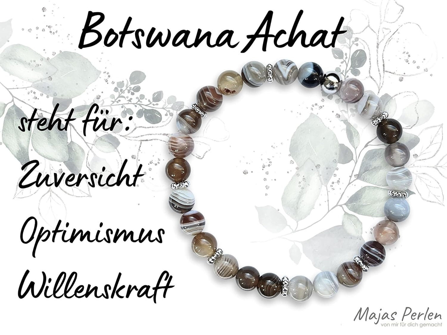 Botswana Achat Armband Perlen 6mm Daisyperlen echt Platiniert oder Vergoldet - Handmade Perlenarmband Optimismus Zuversicht Willenskraft
