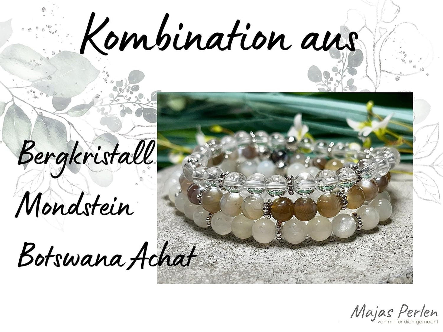 Botswana Achat Armband Perlen 6mm Daisyperlen echt Platiniert oder Vergoldet - Handmade Perlenarmband Optimismus Zuversicht Willenskraft