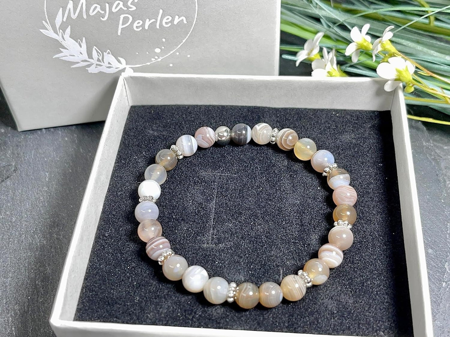 Botswana Achat Armband Perlen 6mm Daisyperlen echt Platiniert oder Vergoldet - Handmade Perlenarmband Optimismus Zuversicht Willenskraft