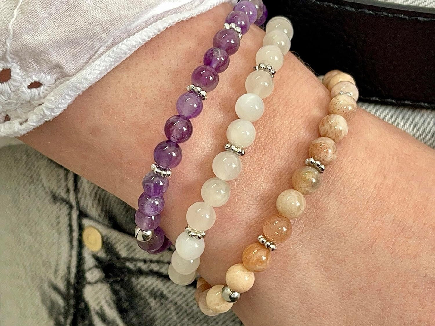 Mondstein Armband Perlen 6mm Daisyperlen echt Platiniert oder Vergoldet - Handmade Perlenarmband Sensibilität Fruchtbarkeit Weiblichkeit