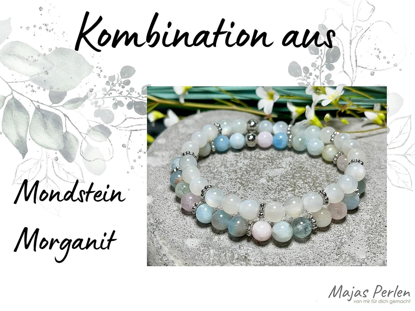Morganit Armband mit Perlen echt 6mm Daisyperlen echt Platiniert oder Vergoldet - Handmade Perlenarmband für mentale Ruhe und Gelassenheit