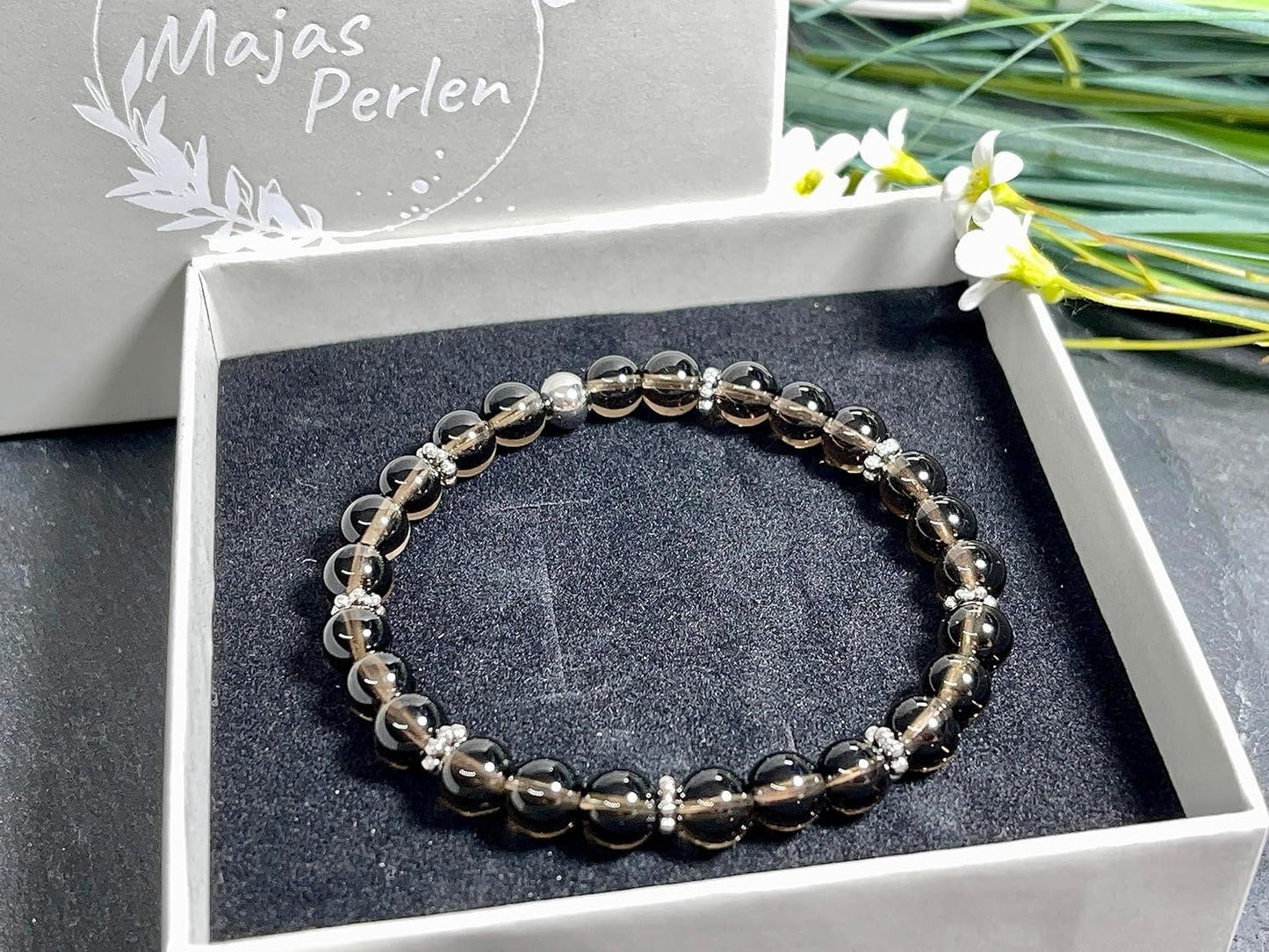 Rauchquarz Armband Perlen echt 6mm Daisyperlen echt Platiniert oder Vergoldet - Handmade Perlenarmband Kraft Lebensfreude positive Gedanken