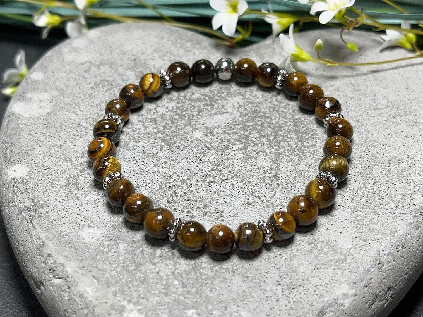 Tigerauge Armband mit Perlen echt 6mm Daisyperlen echt Platiniert oder Vergoldet - Handmade Perlenarmband für Mut Klarheit Sicherheit