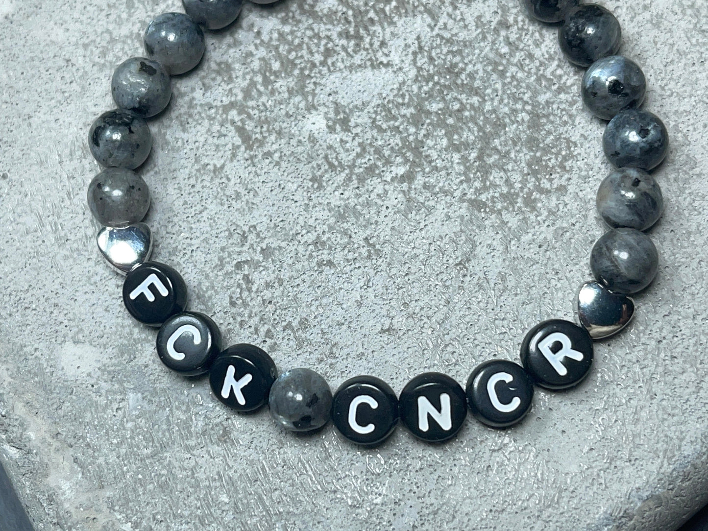 Armband Fuck Cancer Labradorit Herz echt Platiniert - Krebs sucks Brustkrebs Geschenk Glücksbringer Aufmunterung Genesung