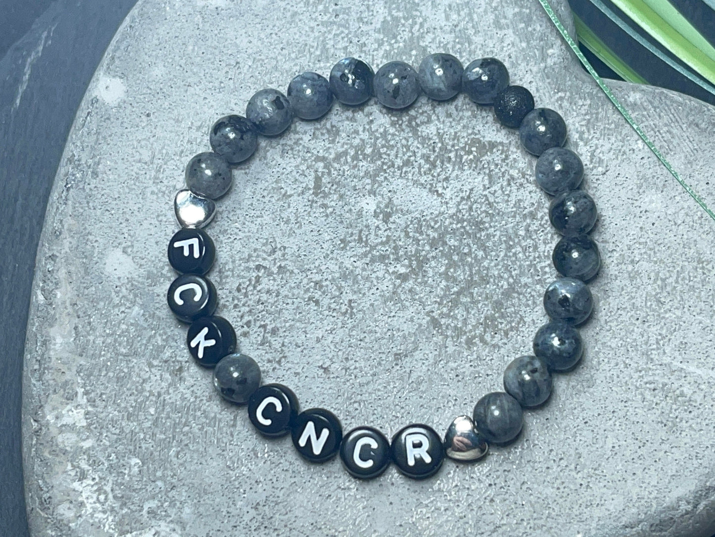 Armband Fuck Cancer Labradorit Herz echt Platiniert - Krebs sucks Brustkrebs Geschenk Glücksbringer Aufmunterung Genesung