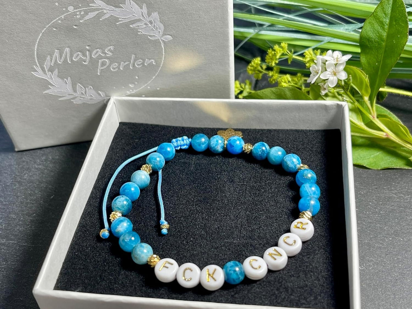 Armband Fuck Cancer Apatit vergoldet Makramee Geschenk Aufmunterung Genesung Brustkrebs Wunschedelstein Perlenarmband Schutzstein