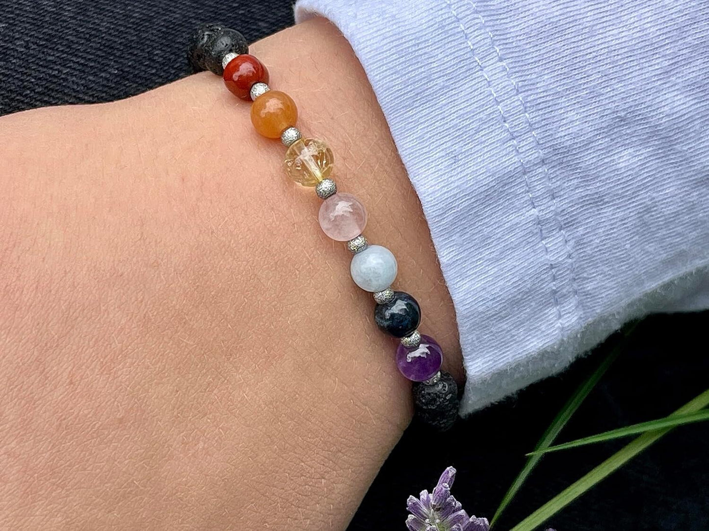 Armband Chakra Diffusor - Amethyst Dumortierit Aquamarin Rosenquarz Citrin Aventurin Jaspis Lava 6mm Edelstahl silber - Spiritueller Schmuck