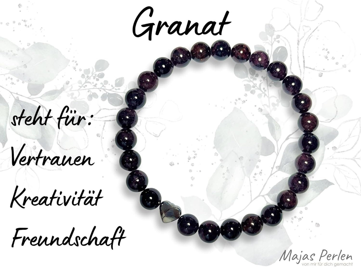 Granat Armband echt mit Perlen 8mm und Herzperle Edelstahl Silber Gold Roségold - Perlenarmband Fantasie Kreativität - Spiritueller Schmuck