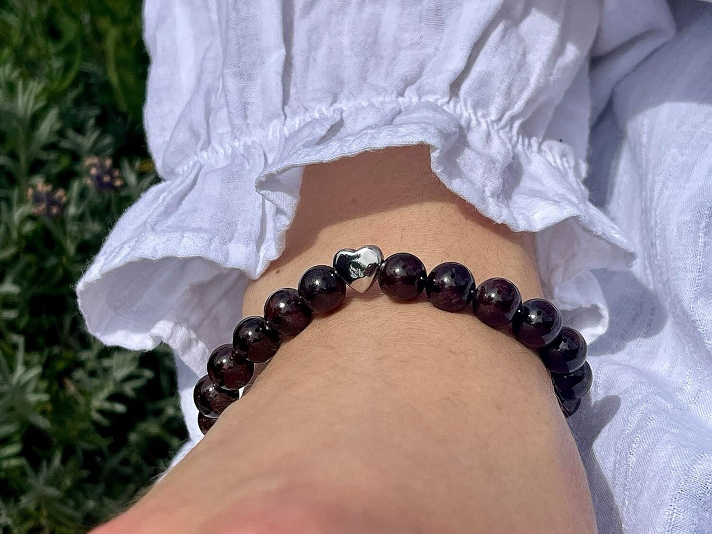Granat Armband echt mit Perlen 8mm und Herzperle Edelstahl Silber Gold Roségold - Perlenarmband Fantasie Kreativität - Spiritueller Schmuck