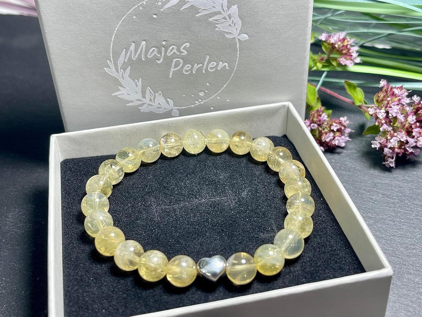 Citrin Armband echt mit Perlen 8mm und Herzperle Edelstahl Silber Gold Roségold - Perlenarmband Bewusstsein Klarheit - spiritueller Schmuck