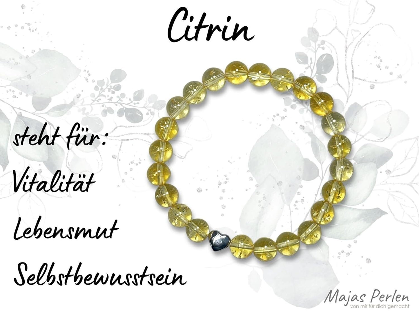 Citrin Armband echt mit Perlen 8mm und Herzperle Edelstahl Silber Gold Roségold - Perlenarmband Bewusstsein Klarheit - spiritueller Schmuck