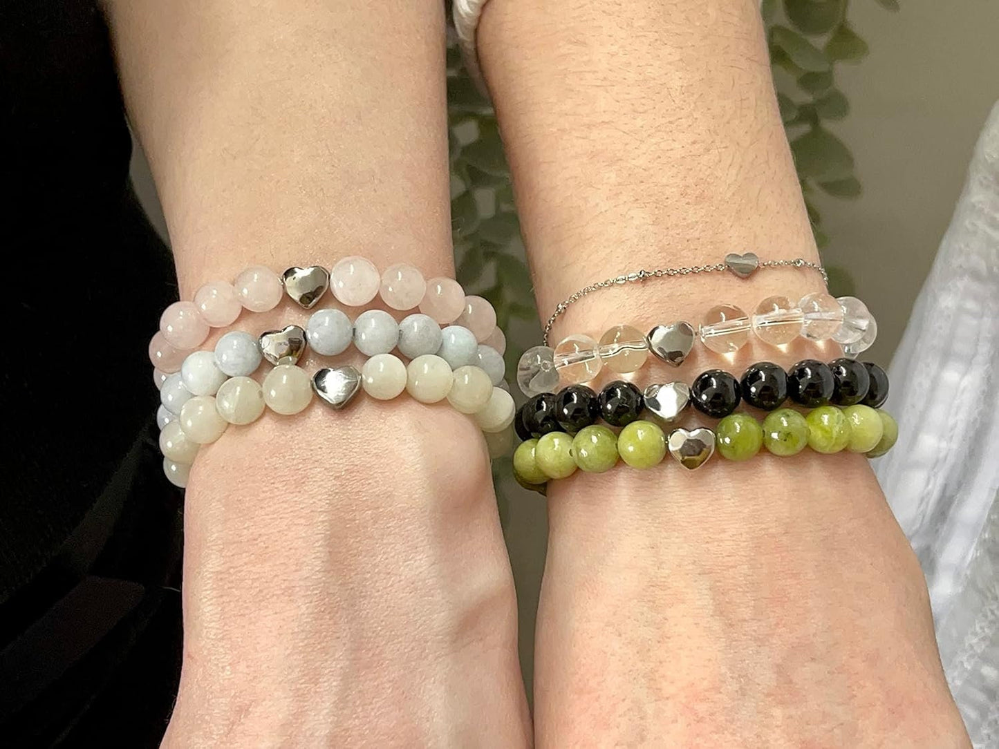 Bergkristall Armband echt mit Perlen 8mm und Herzperle Edelstahl Silber Gold Roségold - Perlenarmband Bewusstsein Klarheit