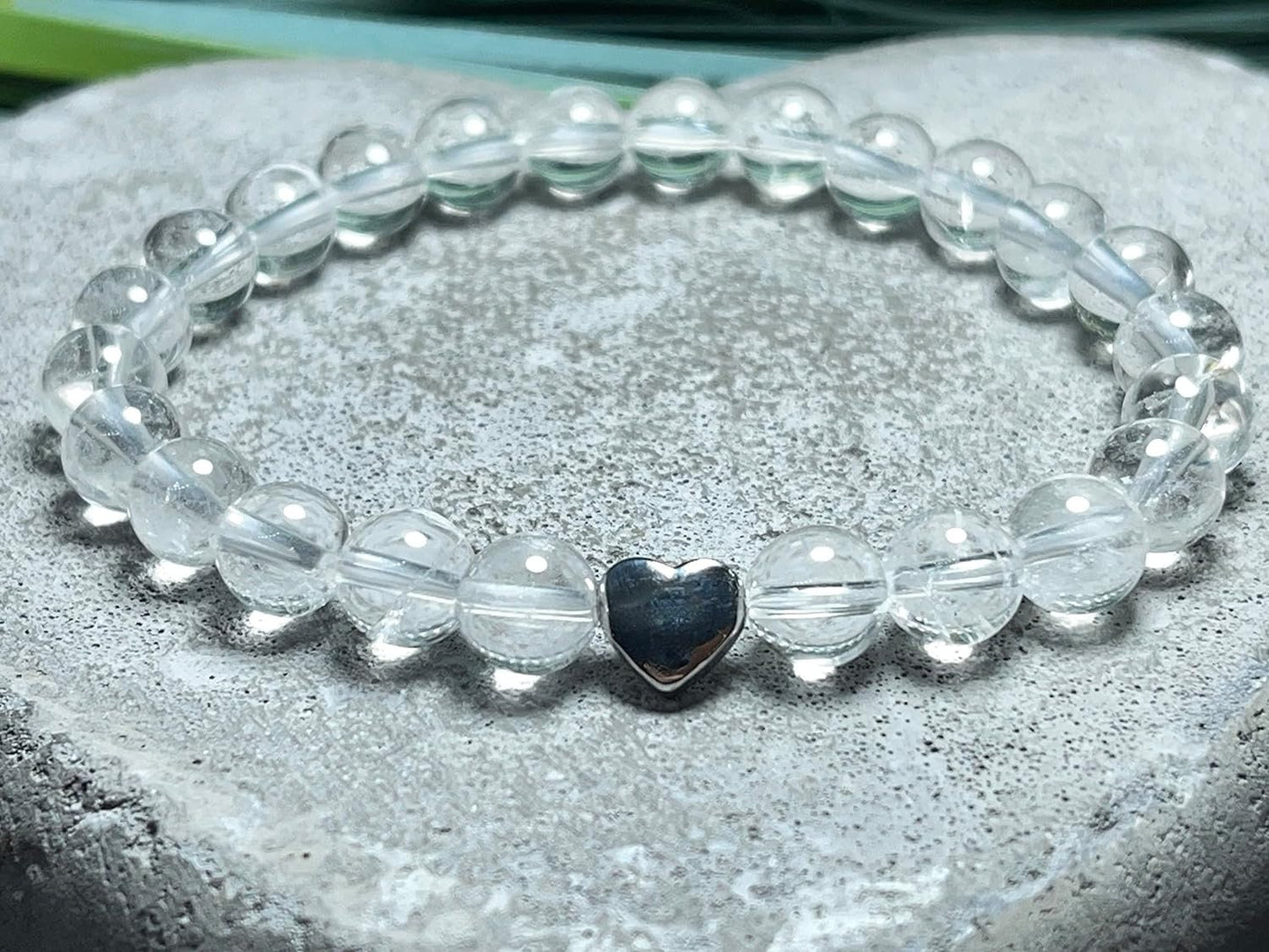 Bergkristall Armband echt mit Perlen 8mm und Herzperle Edelstahl Silber Gold Roségold - Perlenarmband Bewusstsein Klarheit