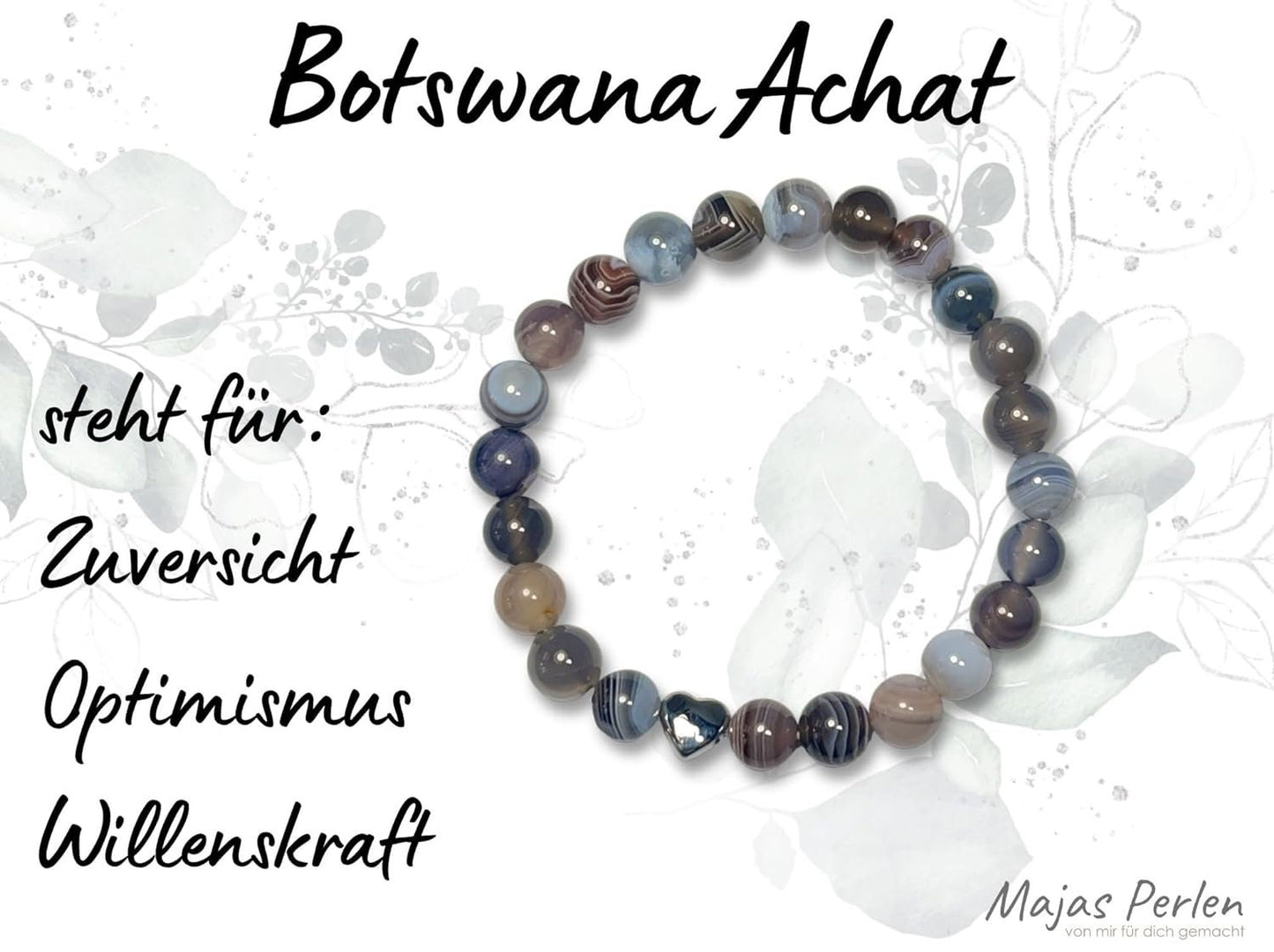 Botswana Achat Armband echt mit Perlen 8mm und Herzperle Edelstahl Silber Gold Roségold - Perlenarmband Optimismus Zuversicht Willenskraft
