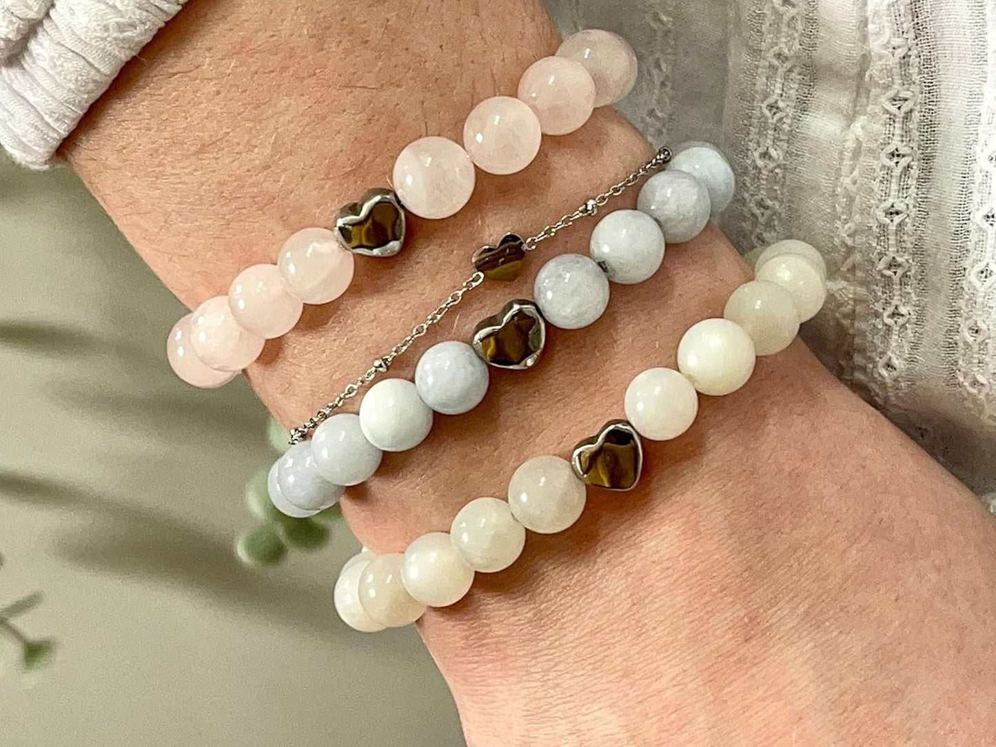 Mondstein Armband echt mit Perlen 8mm und Herzperle Edelstahl Silber Gold Roségold - Perlenarmband Weiblichkeit Fruchtbarkeit - spirituell