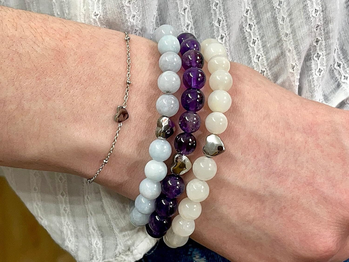 Mondstein Armband echt mit Perlen 8mm und Herzperle Edelstahl Silber Gold Roségold - Perlenarmband Weiblichkeit Fruchtbarkeit - spirituell