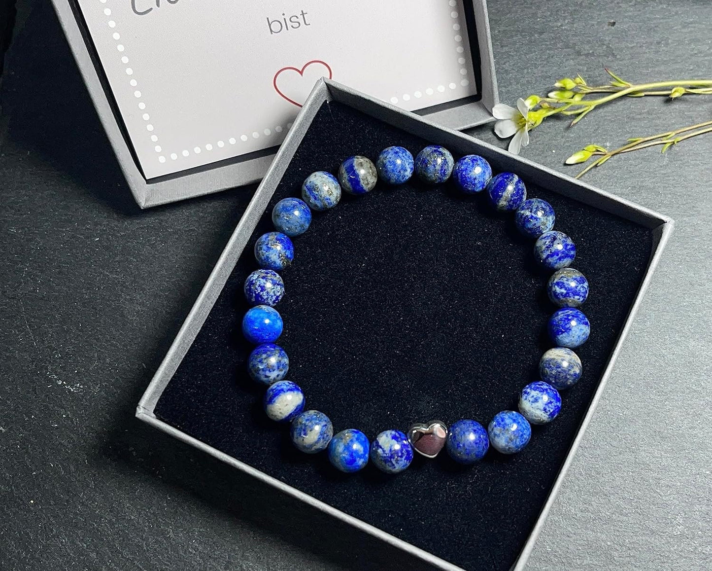 Lapislazuli Armband echt Perlen 8mm Herzperle Edelstahl Silber Gold Roségold - Perlenarmband Selbstbewustsein Optimismus Beruhigung