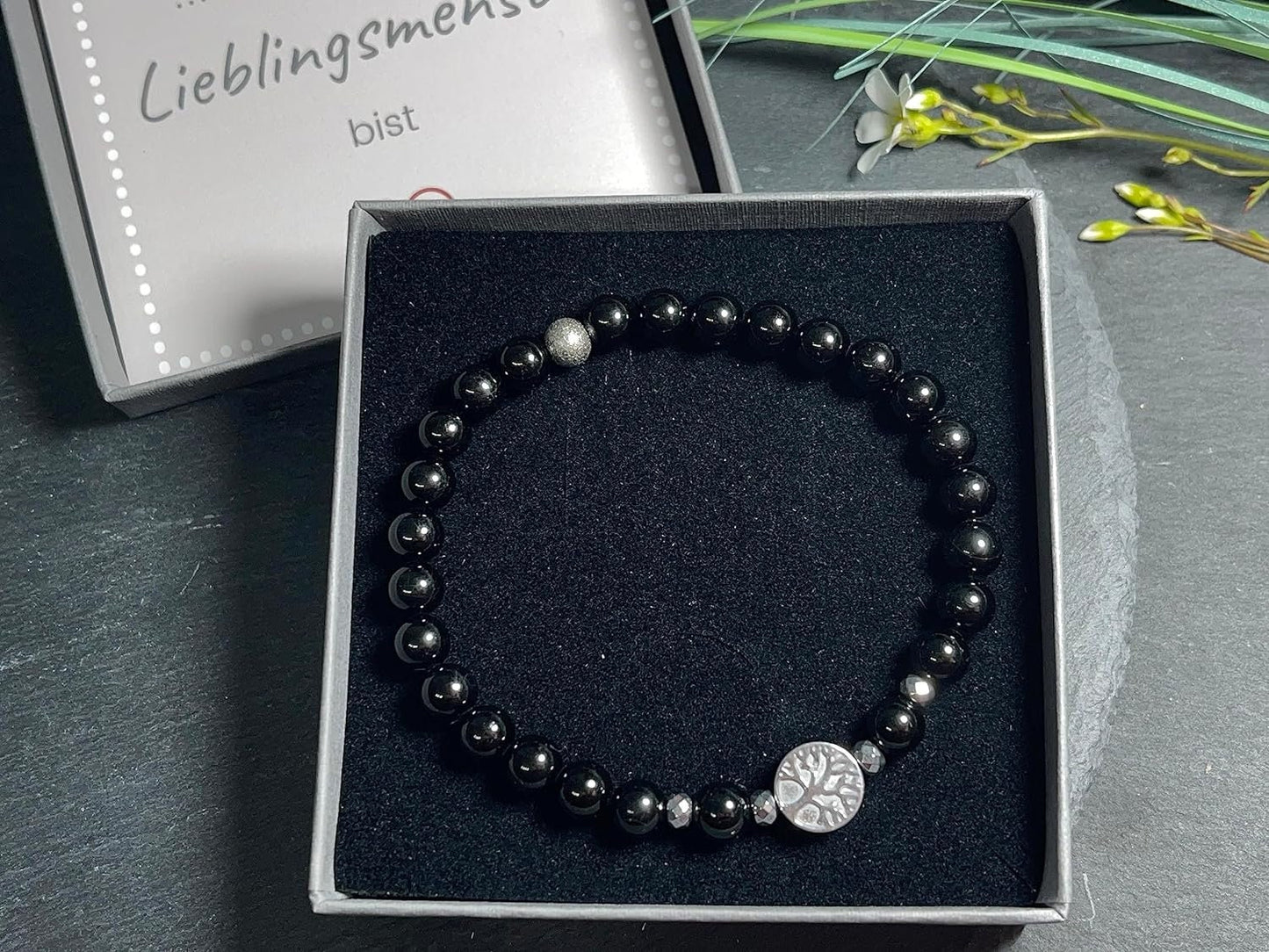 Perlen Turmalin Armband Perlen echt 6mm Lebensbaum Hämatit Silber - Handmade Perlenarmband schwarz für Schutz Kraft und Stärke - unisex