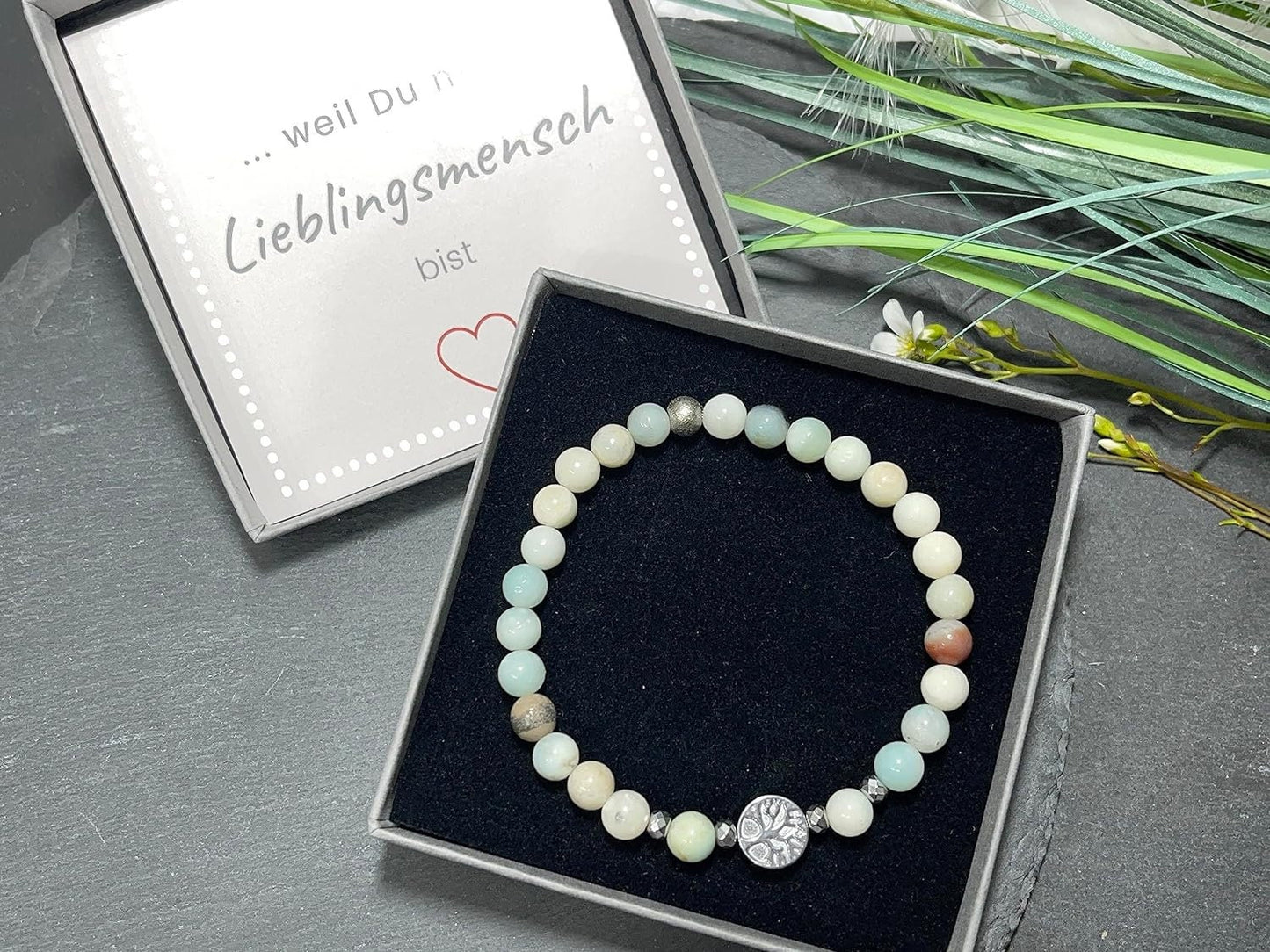 Perlenarmband Amazonit echt 6mm Lebensbaum Hämatit Silber - Handmade Perlenarmband für Geduld Toleranz Beruhigung - unisex