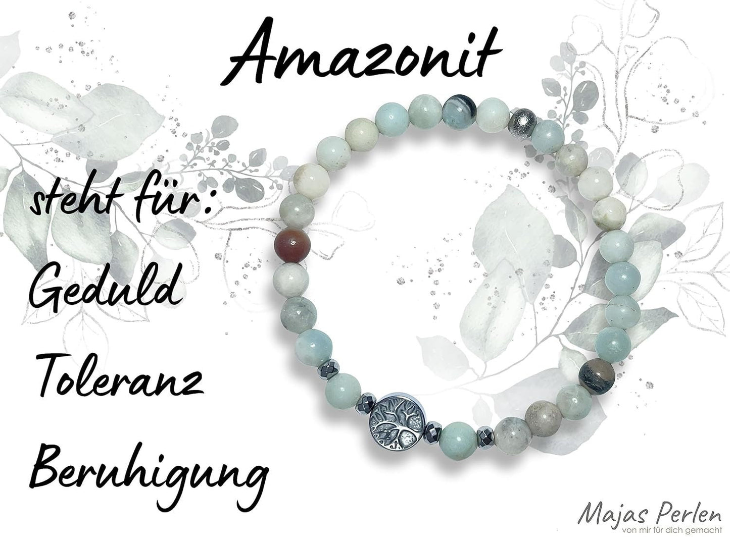 Perlenarmband Amazonit echt 6mm Lebensbaum Hämatit Silber - Handmade Perlenarmband für Geduld Toleranz Beruhigung - unisex