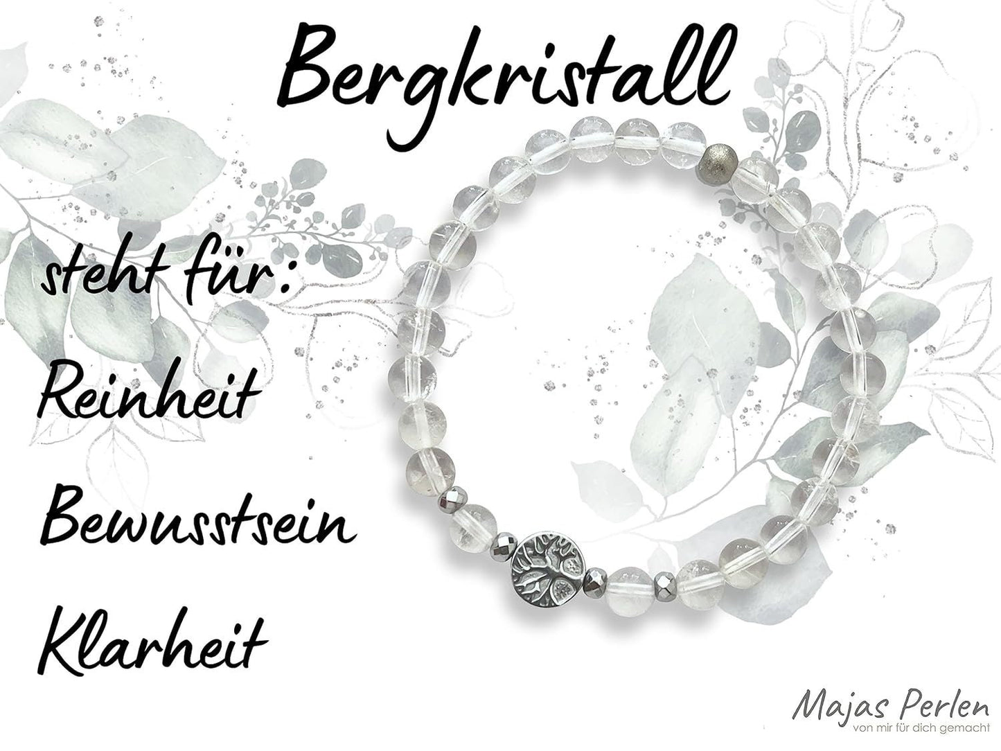 Bergkristall Armband Perlen echt 6mm Lebensbaum Hämatit Silber - Handmade Perlenarmband Reinheit Bewusstsein Klarheit - Spiritueller Schmuck