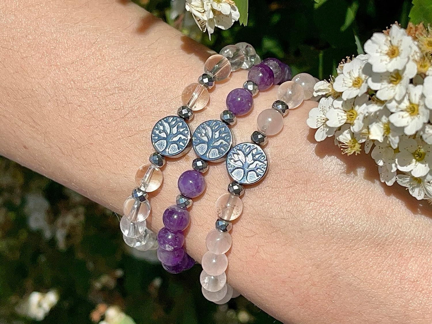 Chalcedon Armband Perlen echt 6mm Lebensbaum Hämatit Silber - Handmade Perlenarmband innere Ruhe Selbstvertauen Aufmerksamkeit - unisex