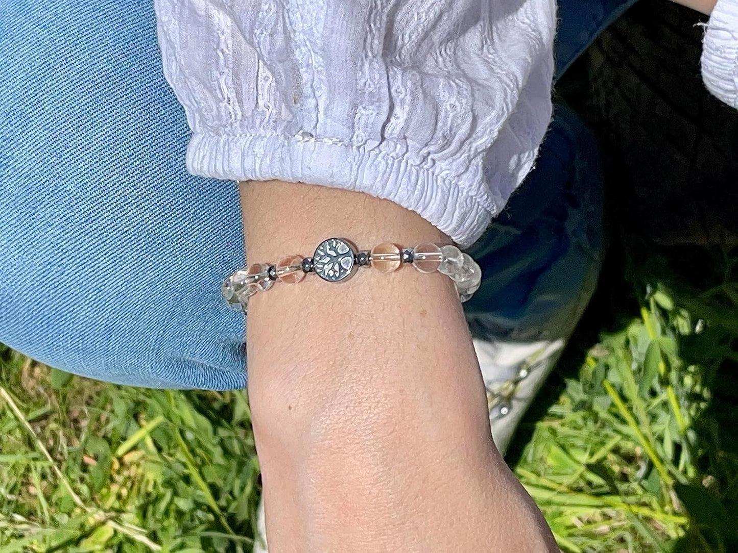 Bergkristall Armband Perlen echt 6mm Lebensbaum Hämatit Silber - Handmade Perlenarmband Reinheit Bewusstsein Klarheit - Spiritueller Schmuck