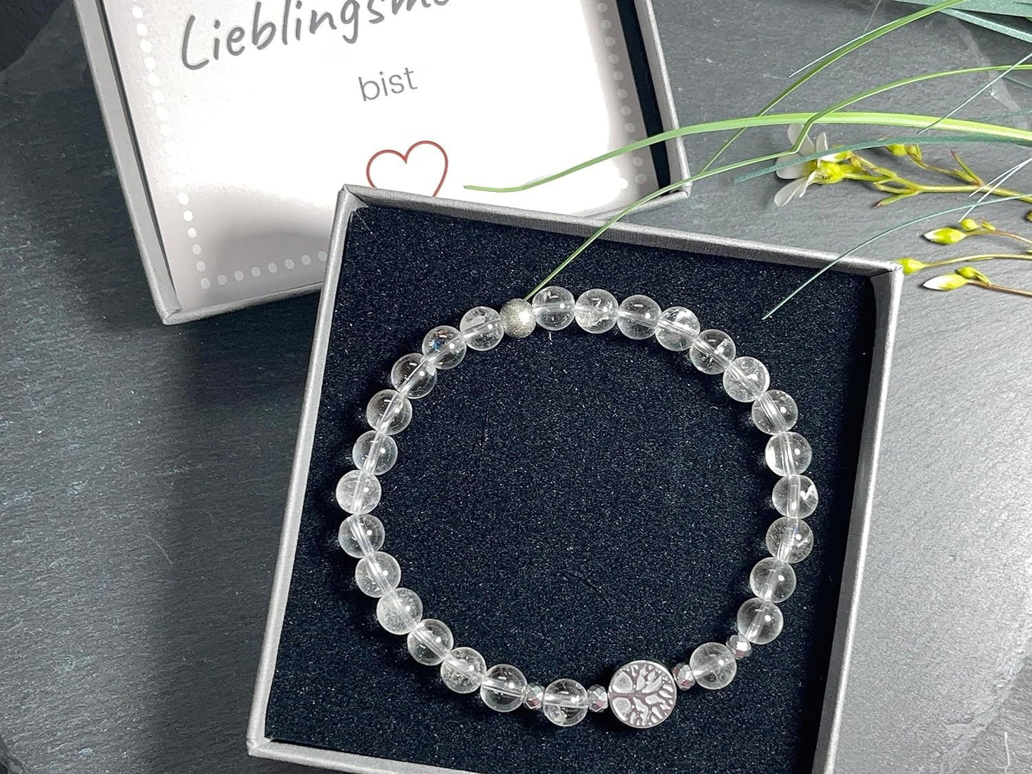 Bergkristall Armband Perlen echt 6mm Lebensbaum Hämatit Silber - Handmade Perlenarmband Reinheit Bewusstsein Klarheit - Spiritueller Schmuck