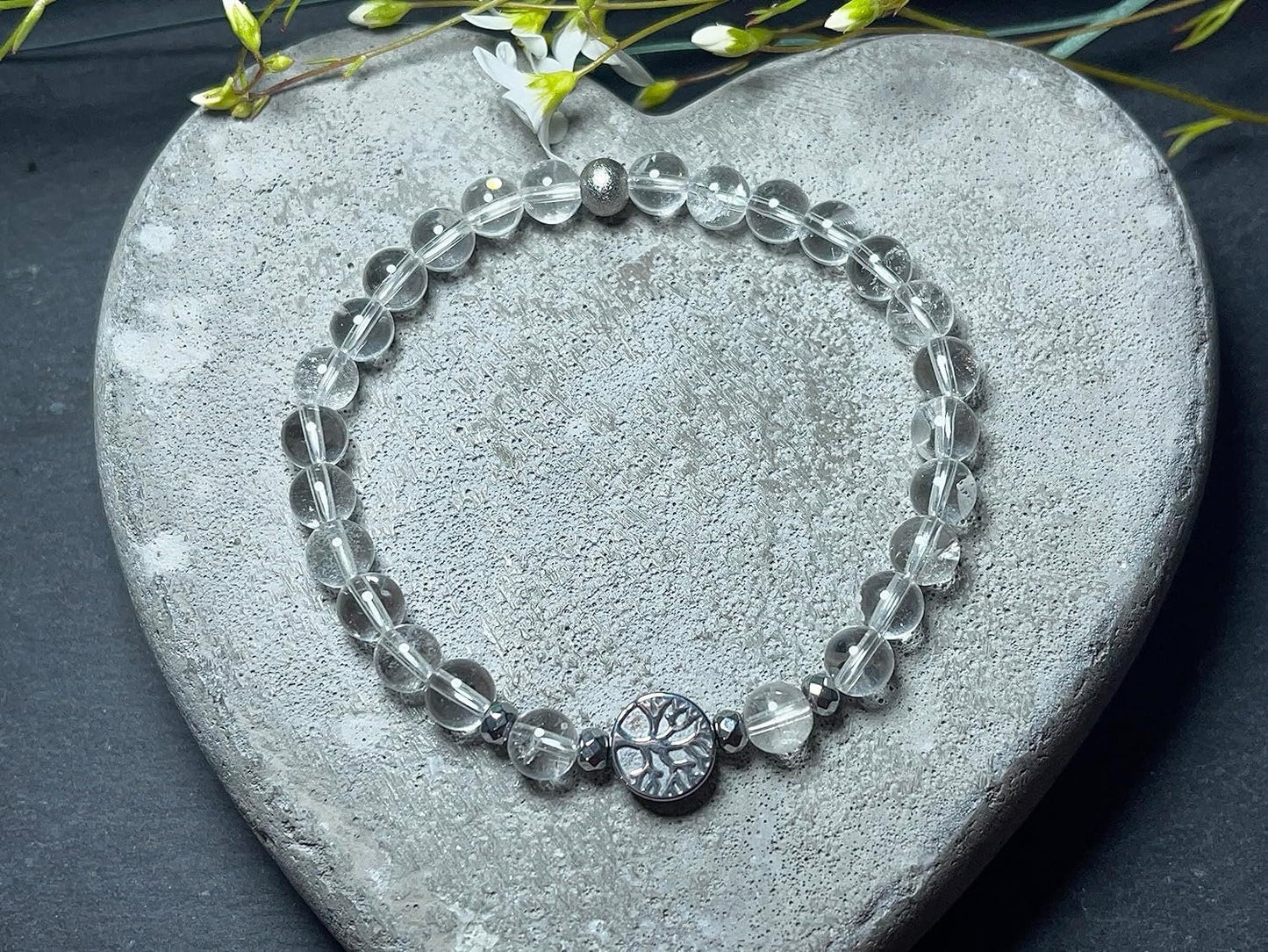 Bergkristall Armband Perlen echt 6mm Lebensbaum Hämatit Silber - Handmade Perlenarmband Reinheit Bewusstsein Klarheit - Spiritueller Schmuck