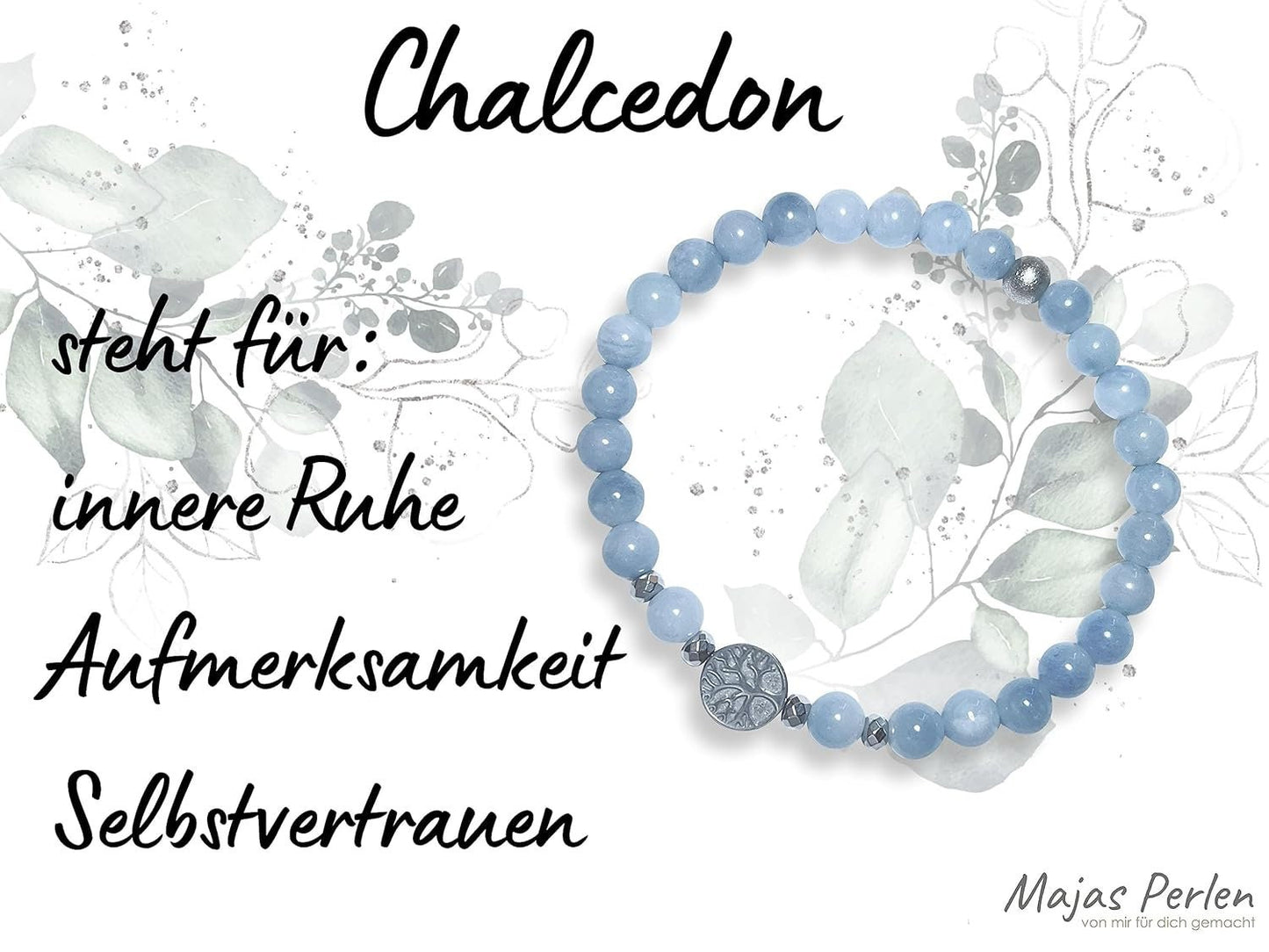 Chalcedon Armband Perlen echt 6mm Lebensbaum Hämatit Silber - Handmade Perlenarmband innere Ruhe Selbstvertauen Aufmerksamkeit - unisex