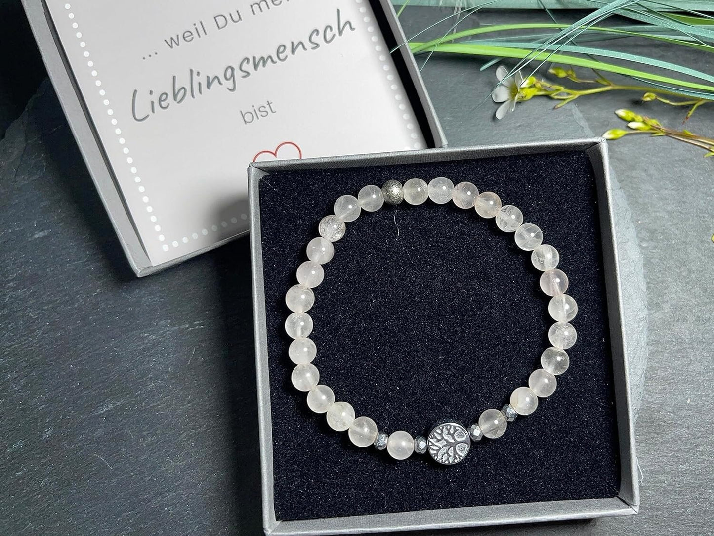 Perlenarmband Rosenquarz echt 6mm Lebensbaum Hämatit Silber - Handmade Perlenarmband Liebe Freundschaft Romantik - unisex