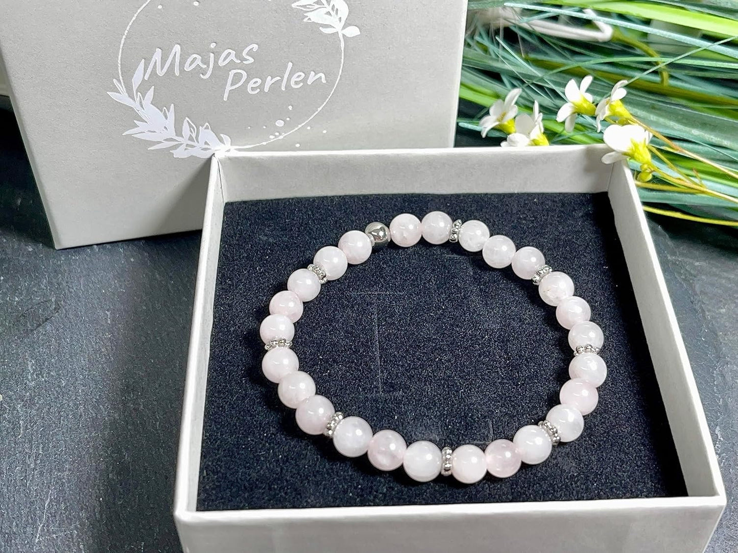Rosenquarz Armband Perlen echt 6mm Daisyperlen echt Platiniert oder Vergoldet - Handmade Perlenarmband für Liebe Freundschaft und Romantik