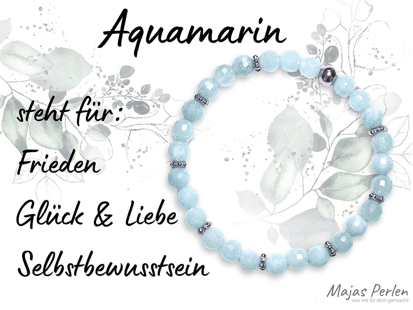 Aquamarin Armband Perlen echt 6mm und Daisyperlen Platiniert oder Vergoldet - Handmade Perlenarmband Selbstbewusstsein Liebe Glück Frieden