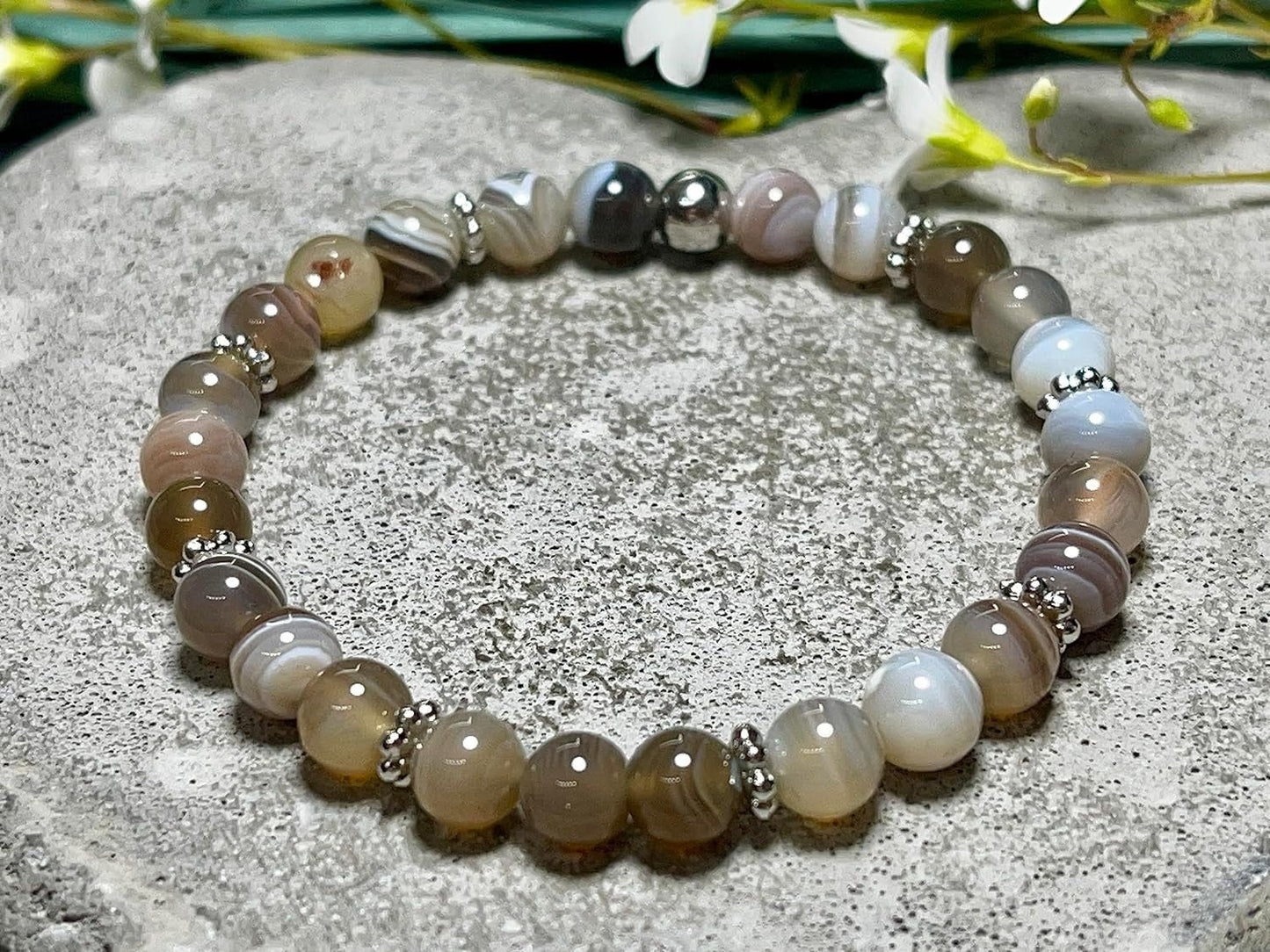 Botswana Achat Armband Perlen 6mm Daisyperlen echt Platiniert oder Vergoldet - Handmade Perlenarmband Optimismus Zuversicht Willenskraft