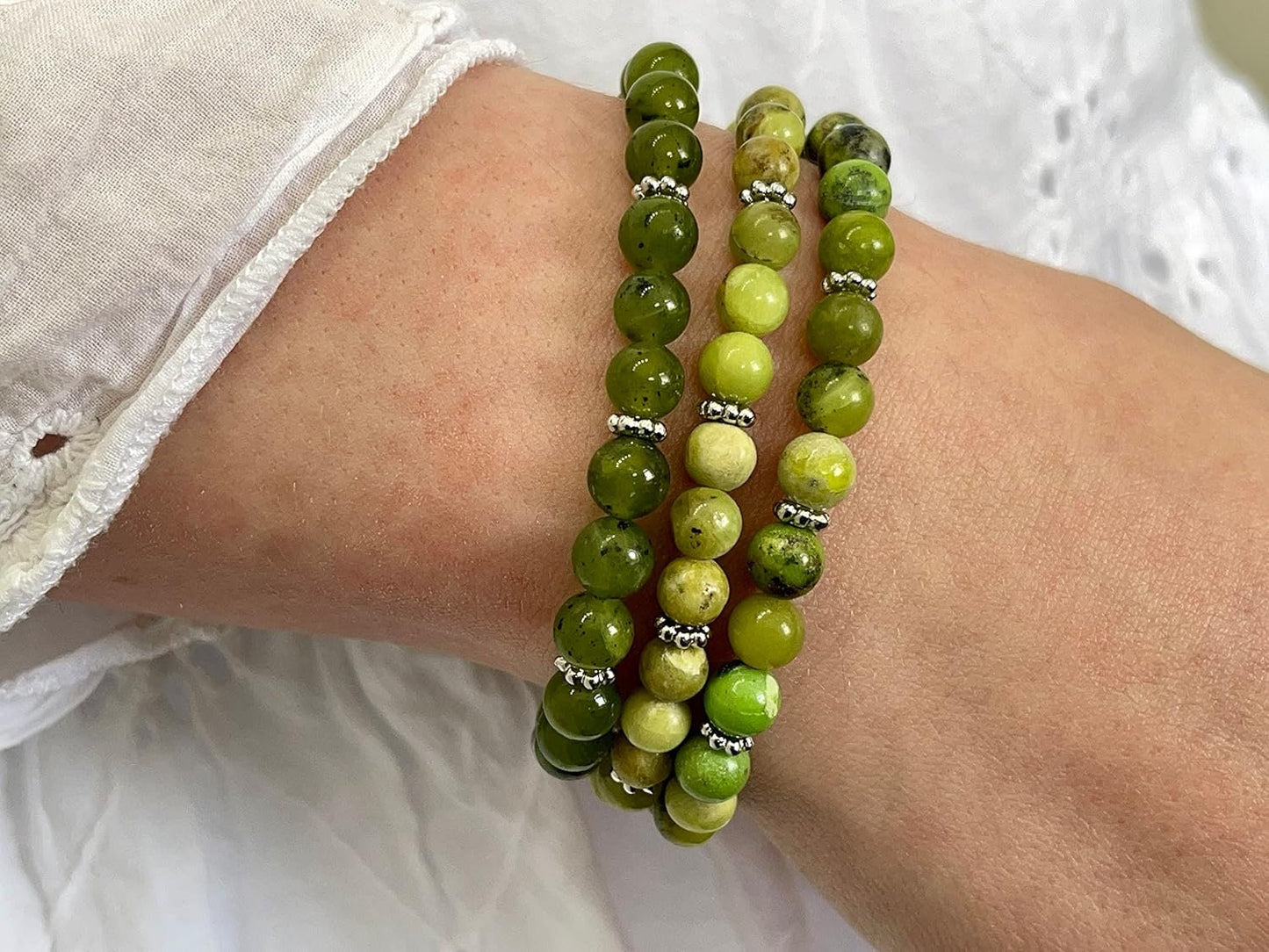 Jade Kanada Armband mit Perlen echt 6mm Daisyperlen echt Platiniert oder Vergoldet - Handmade Perlenarmband Mut Harmonie Ausgeglichenheit