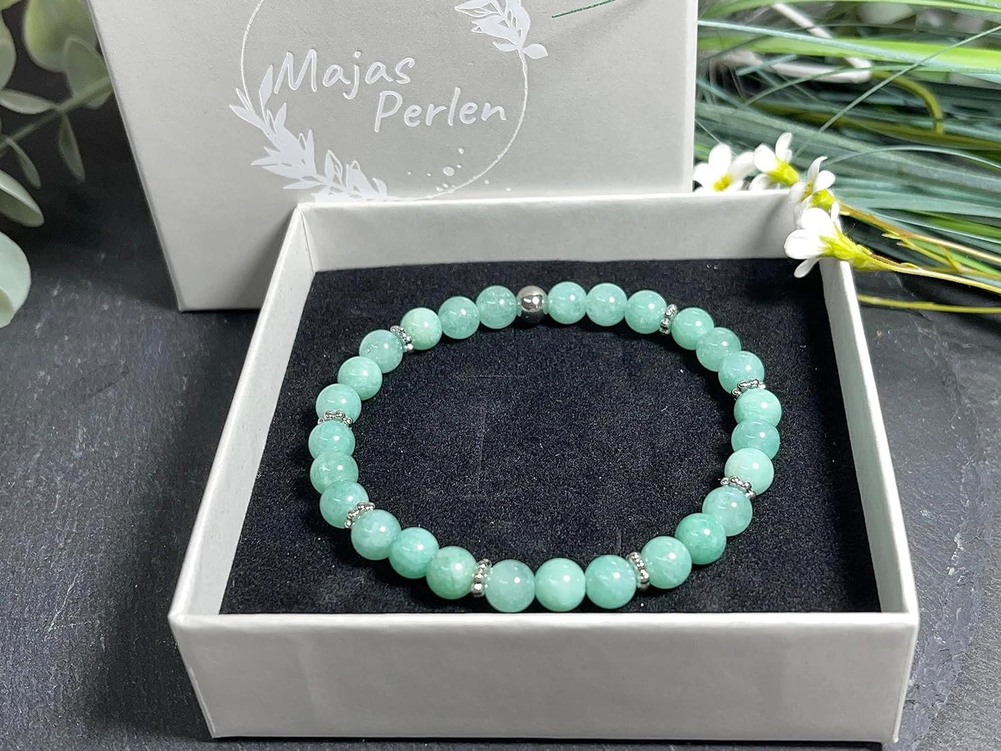 Jade Myanmar Armband mit Perlen 6mm Daisyperlen echt Platiniert oder Vergoldet - Handmade Perlenarmband Ausgeglichenheit innere Ruhe Mut