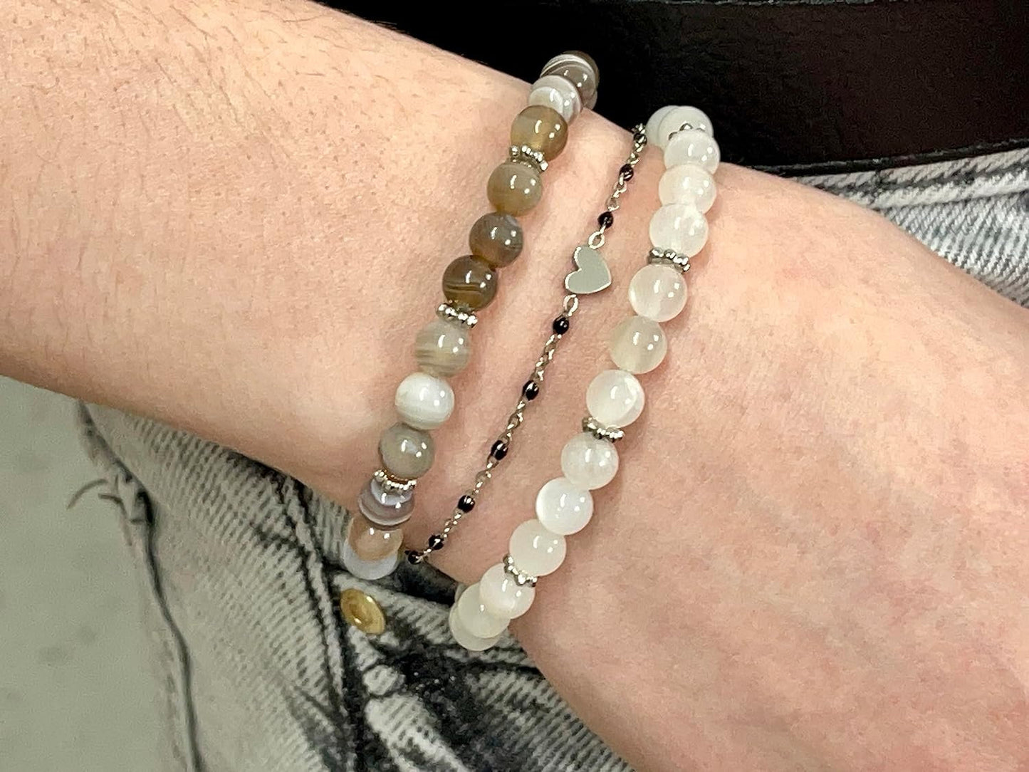 Mondstein Armband Perlen 6mm Daisyperlen echt Platiniert oder Vergoldet - Handmade Perlenarmband Sensibilität Fruchtbarkeit Weiblichkeit